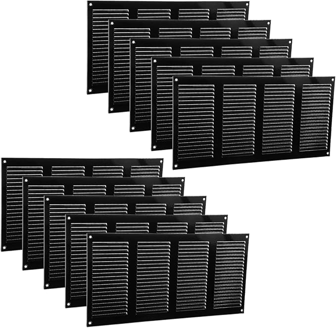Vent Systems 16" x 8" Inch (Overall Dimensions) Pack of 10 - Black - Air Vent Cover Metal Air Return Grill - Built-in Pest Guard Screen - HVAC Vent Duct Cover for Home Improvement