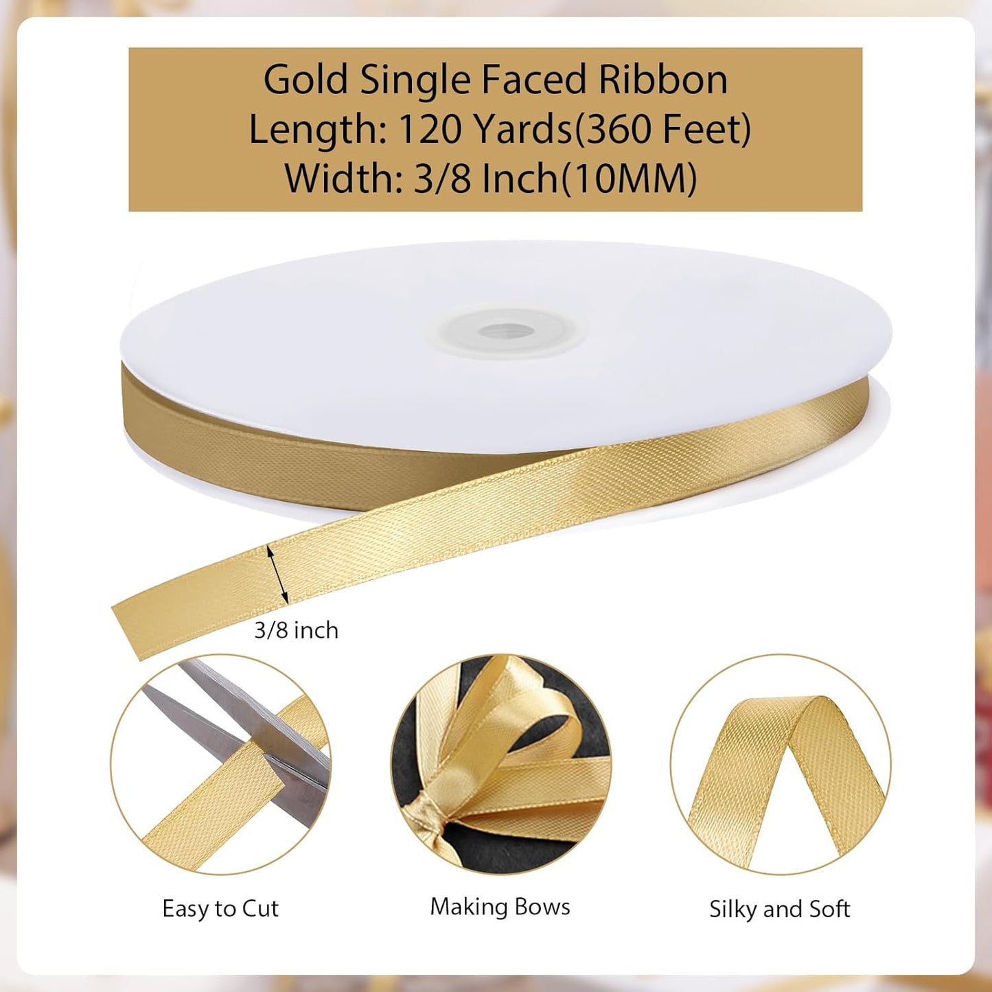 Gold Ribbon 3/8 Inch 120 Yards Thin Craft Christmas Satin Ribbon for Gift Wrapping Sewing Trim Cake Hair Bows Crafts Christmas Decorations
