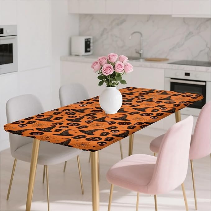 Rectangle Table Cloth Cover Waterproof Elastic Fitted Polyester Fitted Tablecloths for 6 Foot Tables for Indoor,Picnic, Camping, Outdoor （72" x 30"，Halloween Tablecloth）