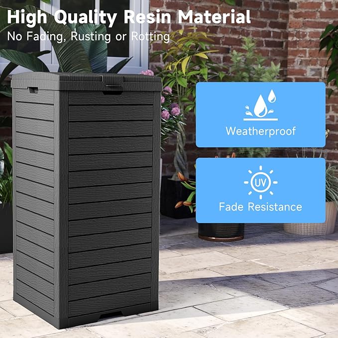 38 Gallon Outdoor Trash Can with Lid, Dual Lid Closure Outdoor Trash Can, Waterproof Resin Garbage Can with Pull-Out Liquid Drawer for Kitchen, Backyard Deck, Patio(Deep Black)