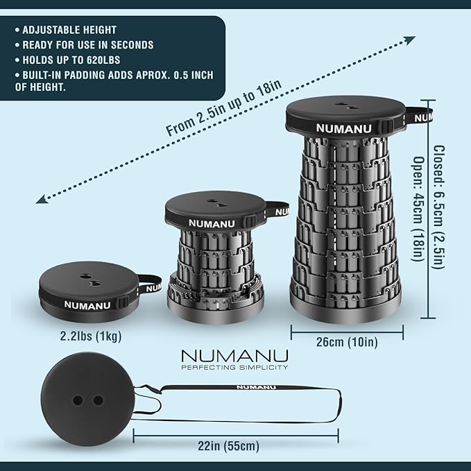 NUMANU 2025 Upgraded Padded Collapsible Stool, Max 620lbs 2.5"-18" H Adjustable Portable Folding Stool for Adults, Retractable Foldable Telescopic Seat Camping Chair or Footrest (1PK Padded Seat)