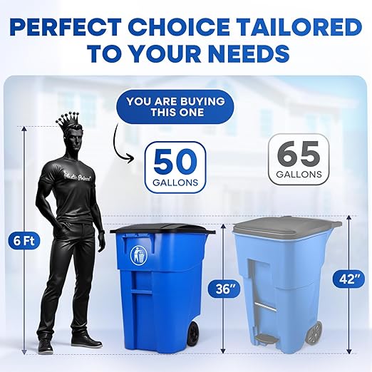 50 Gallon Trash Can with Lid Rollout Recycling Bin Large Outdoor, Commercial Heavy-Duty Container with Wheels, Blue