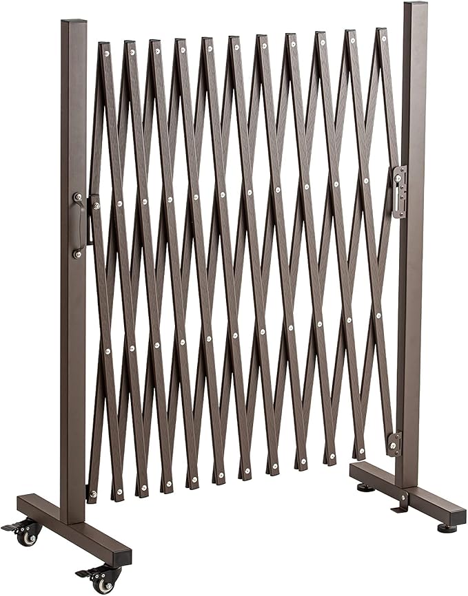 TECSPACE Aluminum Expandable Garden Fence, Portable Barricade Gate with Casters, Adjustable Retractable Fence Mobile Barricade Safety Barrier (Brown, 130×15×41 inch)