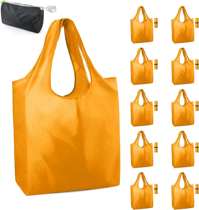 BeeGreen Yellow Reusable Grocery Bags Light Orange Shopping Bags Bulk 50LBS X-Large Foldable Heavy Duty 10 Pieces