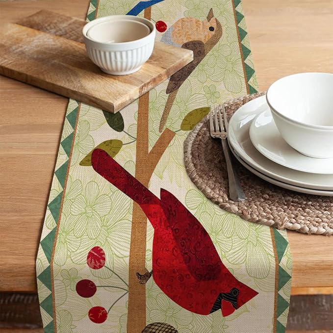 Seliem Summer Birds Tree Branches Table Runner, Cardinal Home Kitchen Dining Decor, Spring Seasonal Farmhouse Decorations Indoor Outdoor Party Supply 13 x 108 Inch