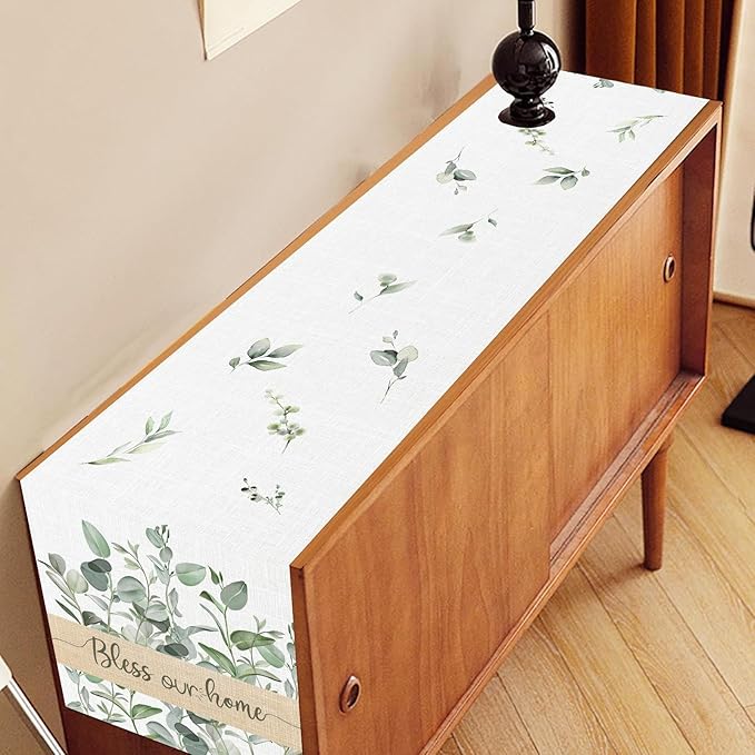Farmhouse Table Runner, Green Eucalyptus Spring Summer Seasonal Plants Rustic Country Cafe Coffee Table Center Decor for Home Kitchen Dining Patio Indoor Outdoor Table Decorations, 13"x72" Inch