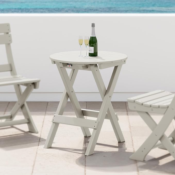 Costaelm Paradise HDPE Outdoor 24.5 Inch Round Portable Folding Patio Dining Table, Sand