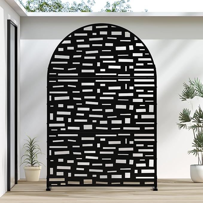 Casaphoria 72" H x 47" W Arched Metal Privacy Screen - Elegant Freestanding Outdoor Screen for Deck, Patio & Balcony - Versatile Decorative Privacy Panels for Home & Garden Use (Black-Gerald)