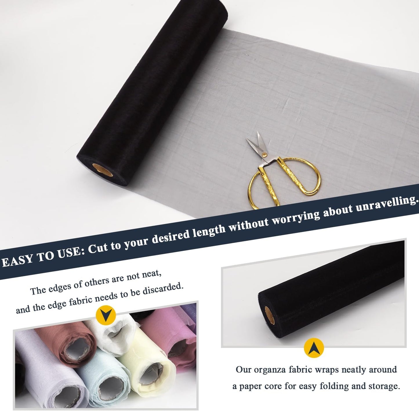 Black Organza Tulle Fabric Rolls, Crystal Organza 12" by 50 Yards (150 ft) Sheer Nylon Silky Shiny Netting Spool Bolt for DIY Craft Table Runner Wedding Baby Shower Party Decor (Black)