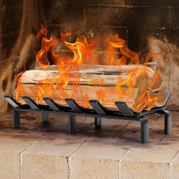 17" Fireplace Grate with Ember Retainer, Wood Stove Grate Rack, Heavy Duty Solid Steel 6-Bars Firewood Holder, Non-Assembly Fire Grate for Indoor Hearth Outdoor Firepit - Matt Black