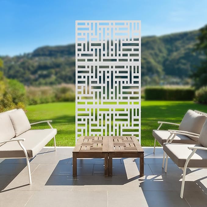 Metal Privacy Screen 75" H x 35" W Freestanding Outdoor Privacy Panels Fence Decorative Indoor Room Garden Divider with a H-Shaped Heavy-Duty Base for Balcony, Patio, Deck, Backyard (White)