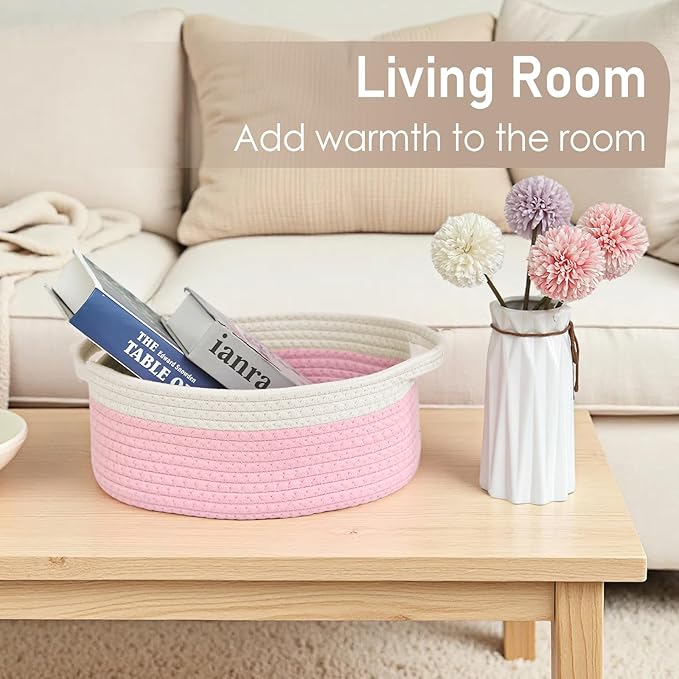 Woven Basket,Small Rope Storage Bin with Handles & Ribbon Bag, Organizer for Shelves Closets,Gift Basket Empty for Birthday,Books,Dog Toys, White&Pink