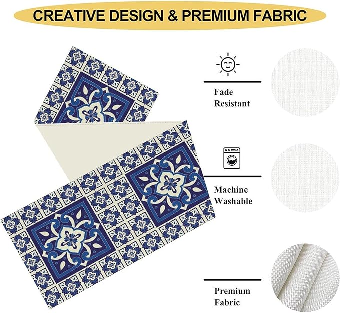 Mexican Table Runner, Blue Floral Birds Mexico Talavera Tiles Ceramic Dia De Los Muertos Coffee Table Center Decor for Family Kitchen and Dining Farmhouse Indoor Outdoor Table Decorations, 13"x90"