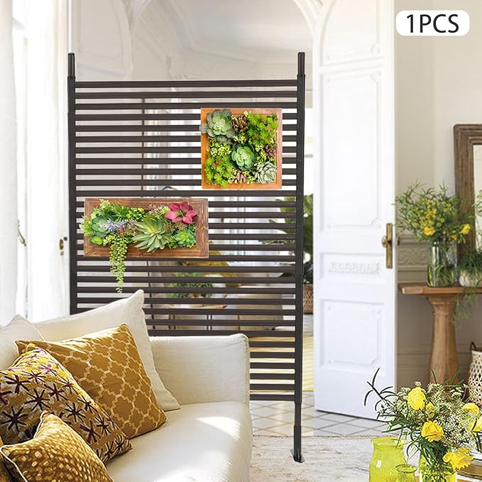 Outdoor Privacy Screens Freestanding, 43" W x 71" H Metal Slatted Decorative Screen and Panels with Stand, Brown Backyard Privacy Panels for Garden Patio