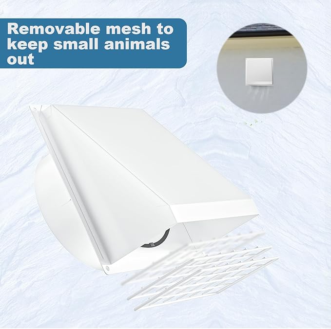 Hon&Guan Dryer Vent Cover Outside with Removable Mesh, Wall Mount Extractor Vent with Rubber Cushioned Non-Return Flap, High Quality Iron Outside Dryer Vent Cover for House (White, 6 Inch)