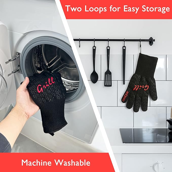 COOLJOB Heat Resistant BBQ Gloves for Hot Temperature Cooking, Barbecue Grilling or Baking Bread Pizza, 800 Degrees Safe Oven Mit with Fingers, Aramid Fiber with Silicone Grip, One Size, Black