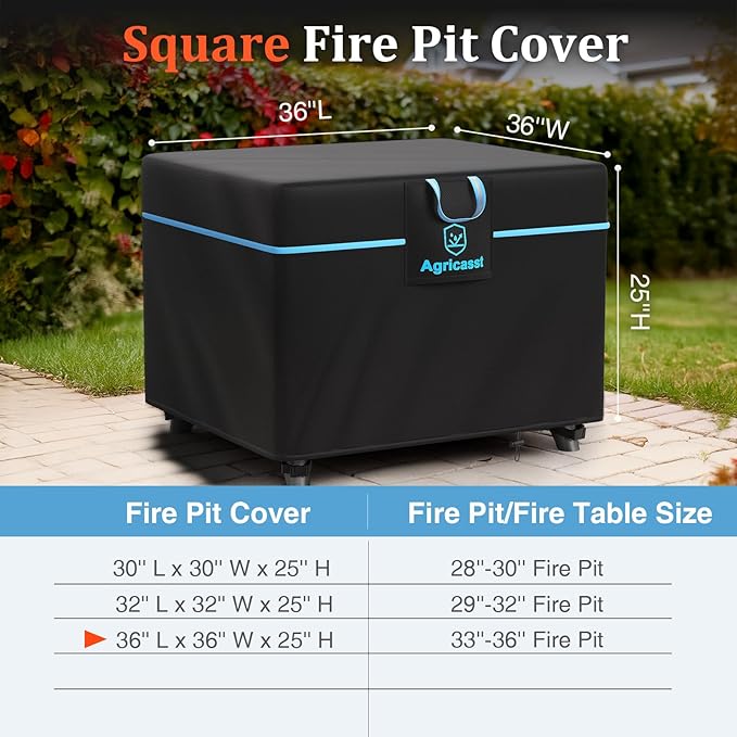 Square Fire Pit Cover for 33-36 Inch Fire Pit, 600D Heavy Duty Fire Table Cover Waterproof Patio Firepit Cover with Air Vent, Handle, 4 Windproof Buckles, Drawstring - 36''L x 36''W x 25''H