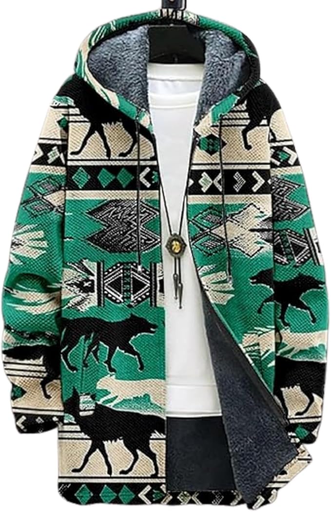 Men's Hooded Sweater Coat Knit Fleece Lined Long Cardigan Jacket with Zip Front Pocket Vintage Casual Zip Up