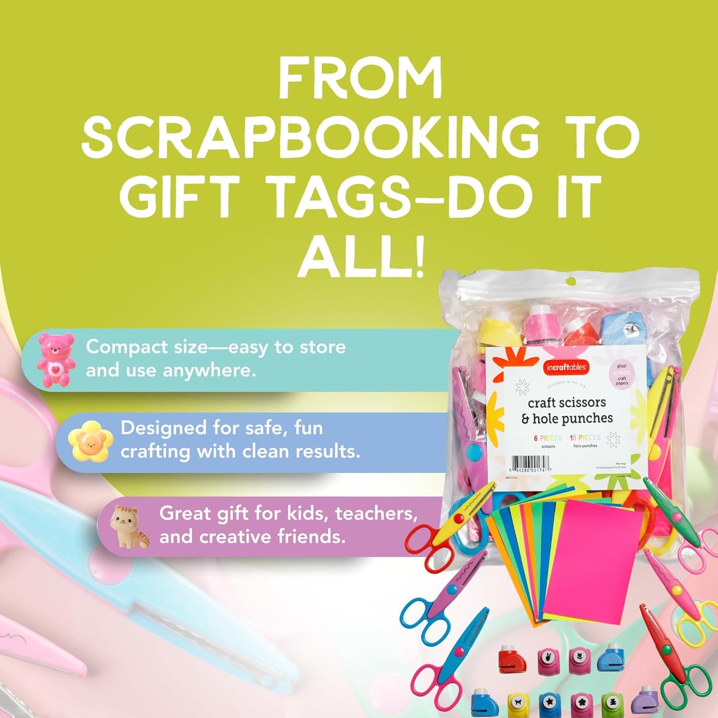 Incraftables Craft Scissors with Decorative Edge – 26 Piece Crafting Set - 6 Scissors with Fun Decorative Edge - 10 Paper Hole Punch Shapes & 10 Colorful Pieces of Paper