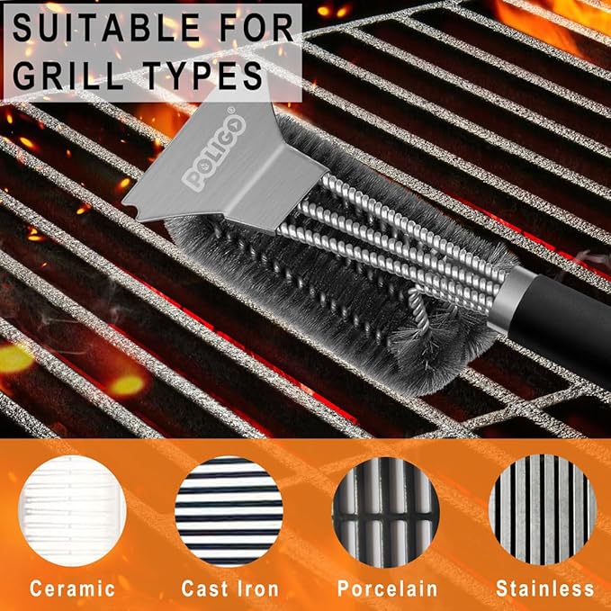 POLIGO Safe Grill Brush and Scraper with Deluxe Handle - 18" Grill Cleaner Brush Stainless Steel Bristle Grill Brush for Outdoor Grill Wizard Grate - BBQ Brush for Grill Cleaning Ideal Grilling Gifts
