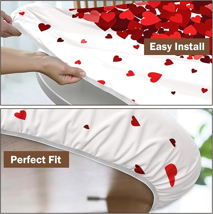Valentines Day Round Fitted Tablecloth with Elastic Red Love Heart Circle Table Cloth for 44-48" Tables Wipeable Waterproof Washable Valentine Decorative Table Cover for Picnic Dining Party Decor