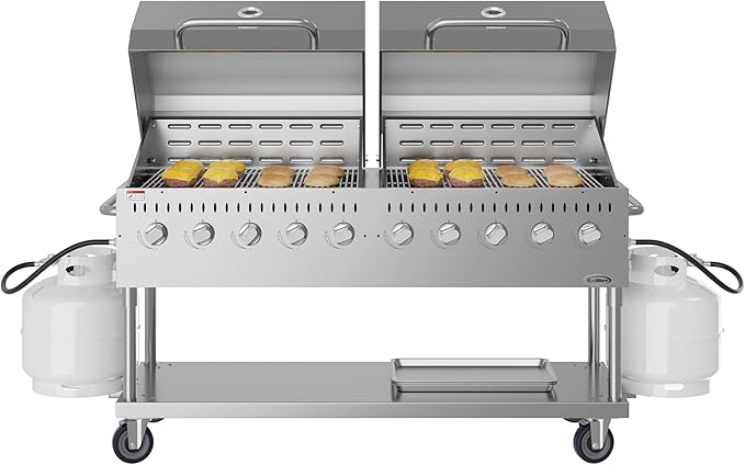 72 in. 10-Burner Commercial Outdoor Propane Gas Grill with Two 36 in. Roll Dome Covers in Stainless-Steel, ETL Listed (CGKIT7-D36D36)