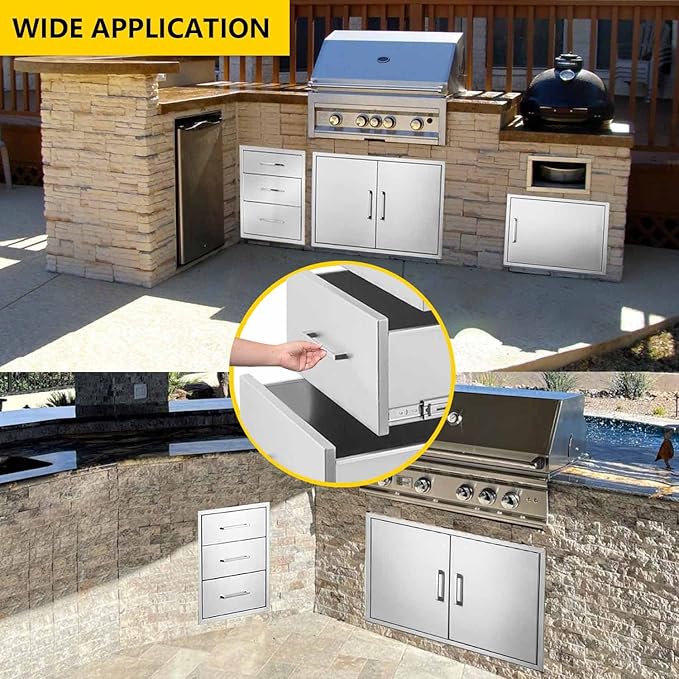 TIANAI Outdoor Kitchen Drawer 14" W x 21" H x 21" D Stainless Steel BBQ Drawer with Exquisite Handle Three-Opening Drawer for Embedded Installation