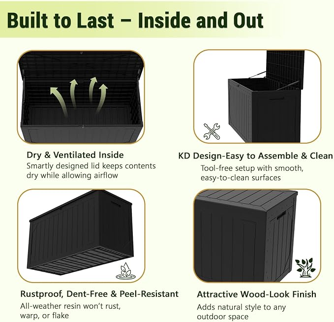 TARKARI 100 Gallon Lockable Resin Deck Box, Waterproof & UV-Resistant Outdoor Storage Box for Outdoor Cushion Storage, Garden Tools & Pool Accessories Storage, Black