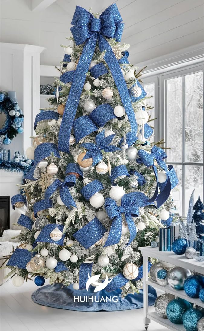 HUIHUANG Navy Blue Wired Christmas Ribbon 4 inch Navy Glitter Wired Ribbon Diamond Mesh Wire Ribbon for X-mas Tree Decorations, Wreaths, Garland, Large Bows Making, Home Decor -10 Yards