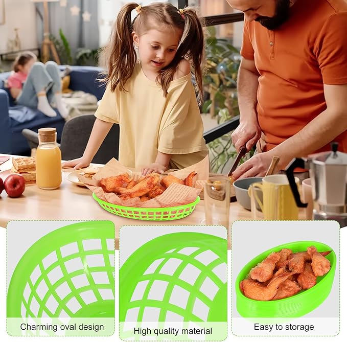 20 Pack Plastic Fast Food Baskets, 8.8" × 5.5" Small Oval Restaurant Serving Baskets Tray for Burgers, Sandwiches, Hot Dogs, Parties, Food Trucks, Reusable or Disposable, Stackable(Green)