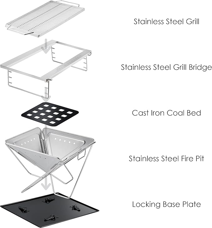 Explorer Bear 20" Stainless Steel Foldable Takibi Fire & Grill with Carrying Bag, Bridge, and Coal Bed | Portable Wood Burning Grill and Fire Pit | Perfect for Camping, Outdoors, Patios
