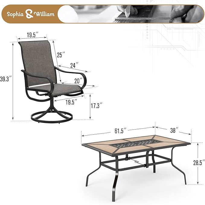 Sophia & William Patio Dining Sets Outdoor Dining Set for 6 Patio Table and Chairs Set 7 Pieces with Swivel Patio Chairs, 61"x 38" Wood Like Metal Table for Garden Pool All Weather Brown
