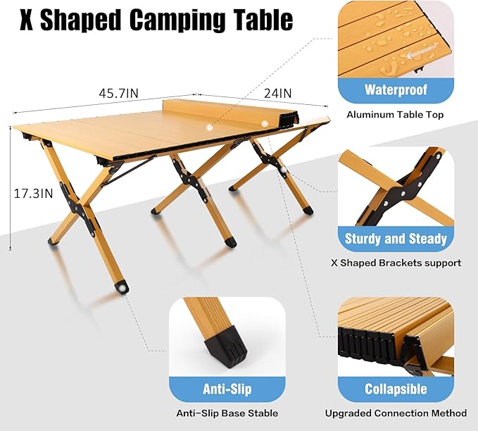 Folding Camping Table, Lightweight Roll-Up Table Aluminum Low Portable Picnic Table with Easy Carrying Bag for Outdoor, Beach, Picnic, Backyards, BBQ and Party, 45.2"L x 23.6"W x 17.3"H