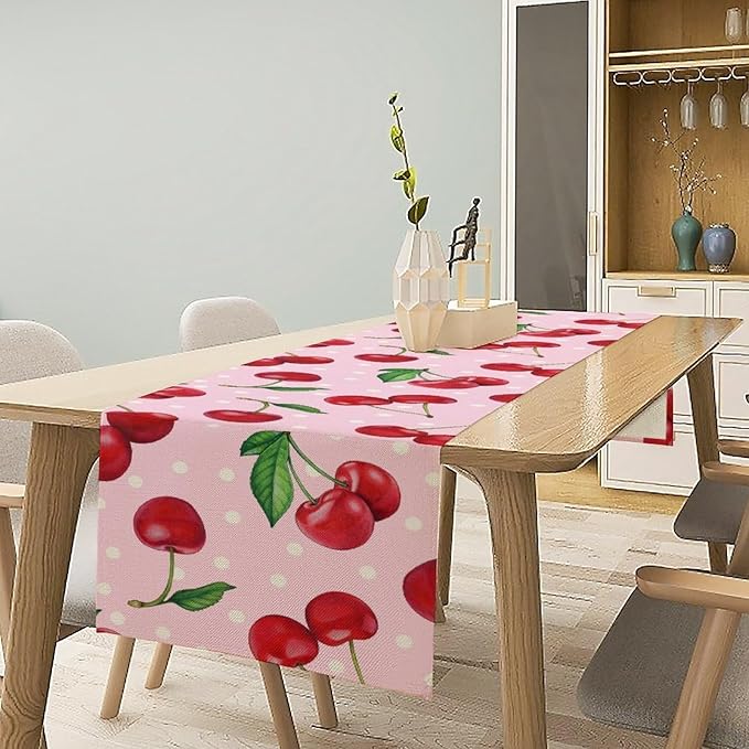 Red Cherry Table Runner, Tropical Fruit Polka Dot Print Table Runner for Birthday Party Dining Room Home Kitchen 13x36in