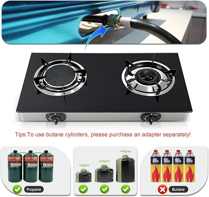 2 Burner Propane Gas Stove, 20472 BTU/h Portable Tempered Glass Camping Stove with Infrared and Blue Flame, Auto-Ignition, Portable BBQ Propane for Cooking, Outdoor, Camping, RV & Emergency Use
