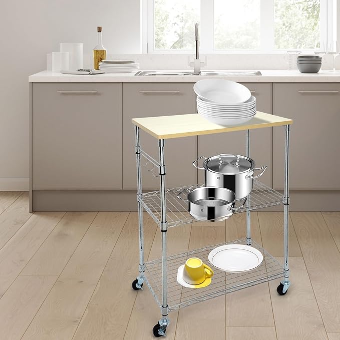 Chrome 3-Tier Rolling Kitchen Cart with Wheels 14" D x 24" W x 34" H and Wood Board Tabletop and 4 Hooks, 300 Pound Capacity, Great for Coffee Cart, Food Service Cart or Utinity and More.