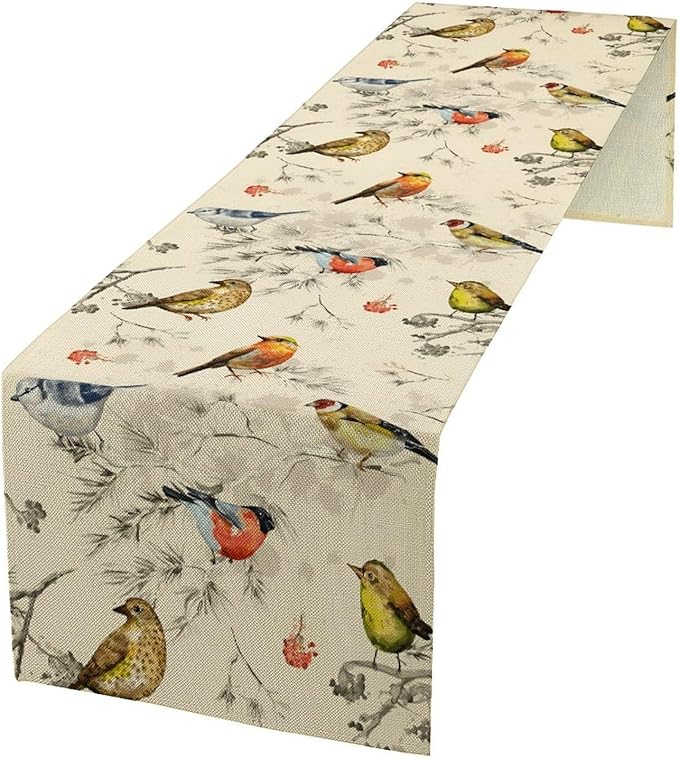 Vintage Bird Table Runner,Watercolor Winter Perching Birds Table Decoration for Kitchen Dining Table Holiday Indoor Outdoor Home Party Decor 13x108in