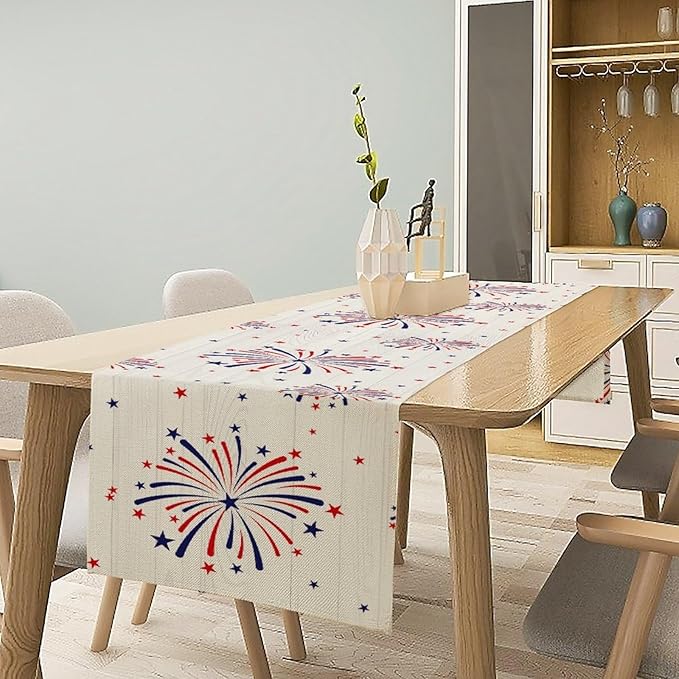 Fireworks Table Runner, 4th of July Patriotic Memorial Day American Independence Day Table Runner for Holiday Kitchen Dining Holiday 13x36in