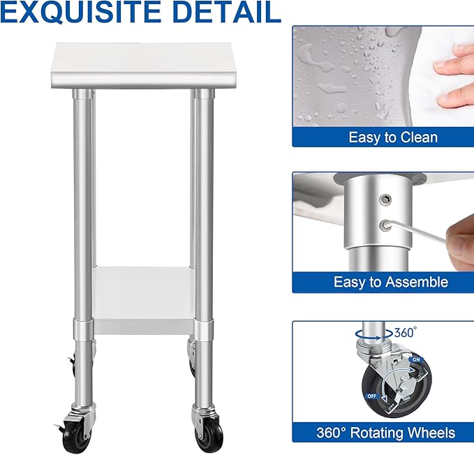 HARDURA Stainless Steel Commercial Table Prep & Work Table with Casters Heavy Duty Metal Table with Wheels NSF 430 24×15 Inches
