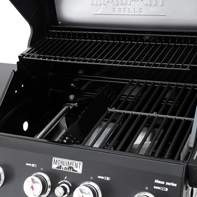 Monument Grills 4-Burner Liquid Propane Gas Grill, Matte Black Stainless Steel Burner Grill with Clearview® Lid and One Foldable Shelf for Outdoor Cooking Kitchen Patio Backyard Barbecue, Mesa420MF