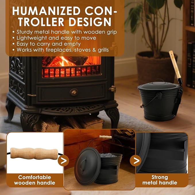 1.5 Gallon Ash Bucket with Lid and Shovel Broom Metal, Fireplace Ash Bucket, Complete Fireplace Tools Set for Fire Pit Grill Black(3 Pcs Set)