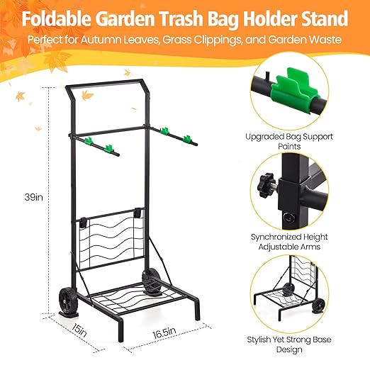 Foldable Leaf Bag Holder, Mobile Trash Bag Holder Stand with Removable Arms and Dual Fixing Design, Adjustable 30-45 Gallon Portable Lawn Bag Cart for Yard Cleanup, Gardening, Leaves, Camping, Parties