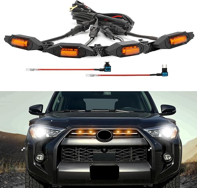 SEVEN SPARTA 4 PCS Grill Led Lights Compatible with Toyota 4Runner 2020-2024, Including SR5, TRD Sport, Off-Road, Premium and Limited Grille, Fuse and Instruction Included (Amber)