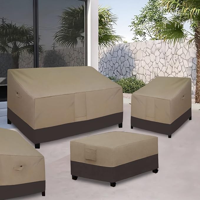 Easy-Going Patio Coffee Table Cover Small Outdoor Rectangular Table Cover, UV Resistant Waterproof Patio Furniture Ottoman Cover (48" Lx28 Wx16 H, Camel/Dark Brown)