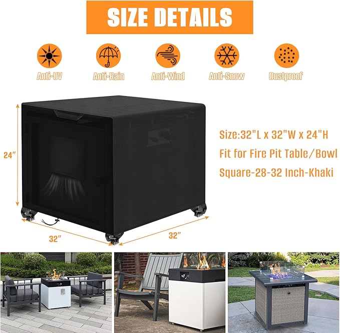 Kovshuiwe Porch Shield Fire Pit Cover Square-600D Fabric Waterproof and Resistant, Fits Outdoor For 28-32 Inch Fire Pit /Table Cover, Gas Fire Pit Cover-32"L x 32"W x 24"H, Black