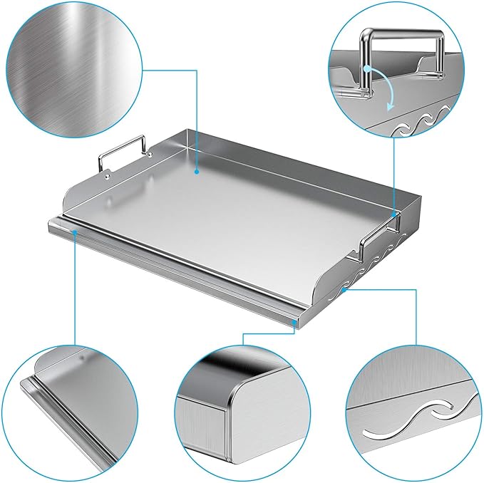 Skyflame Universal Stainless Steel Griddle Flat Top Plate with Even Heating Bracing for BBQ Charcoal/Gas Grills, Camping, Tailgating, and Parties 17" x 13"