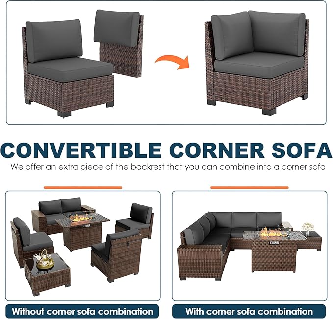 Patio Furniture Set with Fire Pit Table, 7 Piece Outdoor Sectional Conversation Sets Wicker Rattan Sectional Sofa with Coffee Table for Patio Garden Backyard, 4'' Thickened Cushion Dark Grey