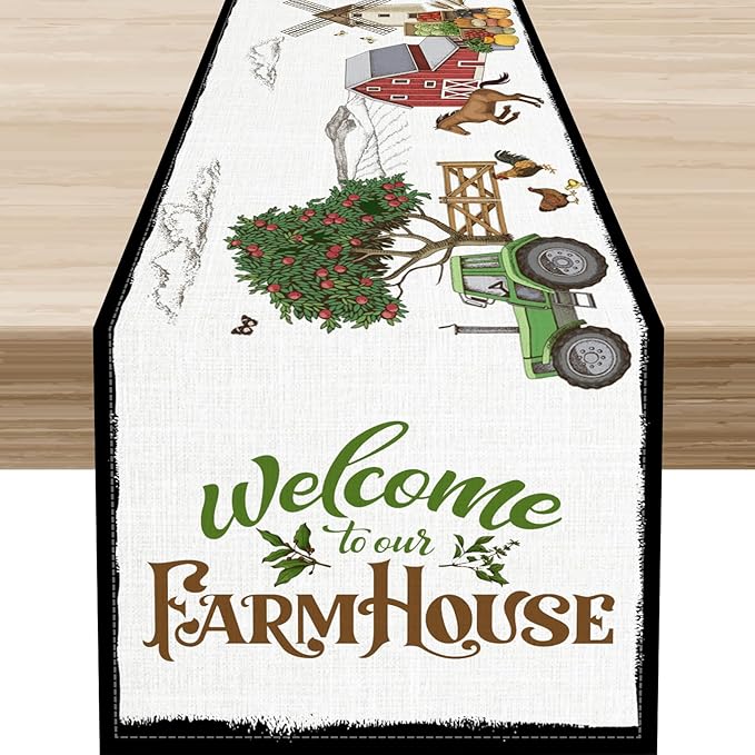 Farmhouse Horse Table Runner, Rustic Rooster Truck Tree Butterfly Animals Coffee Table Center Decor for Family Kitchen and Living Room Outdoor Country Holiday Party Table Decorations, 13" X 72"