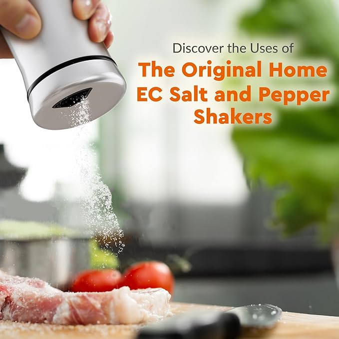 HOME EC Original Salt and Pepper Shakers Set with Adjustable Pour Holes - Glass and Stainless Steel Salt Shaker and Pepper Shaker - Farmhouse Spice dispenser for salts, ground peppercorn and spices