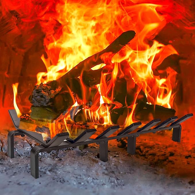 17“ Fireplace Grates Wood Stove Grate Rack Stove Burning Rack Heavy Duty Solid Steel 7-Bars Firewood Holder Easy Assembly Fire Grate for Indoor Hearth Outdoor Firepit Matt Black